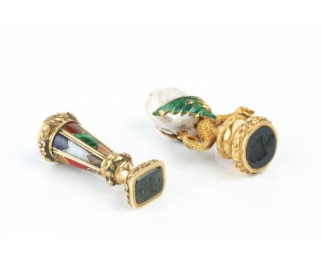 A 19TH CENTURY YELLOW METAL DESK SEAL, inlaid with panels of colourful hard stones, 5.5cm high, and another modelled as a dra