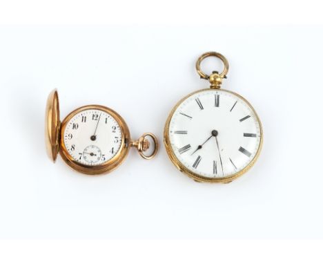 TWO FOB WATCHES, the first an open face fob watch, with white enamel dial and Roman numerals, to a key wind movement, the pro