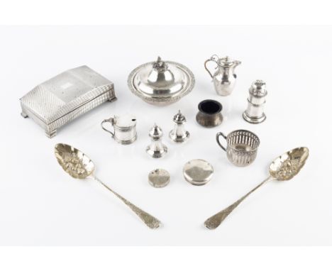 A COLLECTION OF SILVER ITEMS, comprising an Egyptian butter dish and cover, with bird finial, a pair of George III later embo