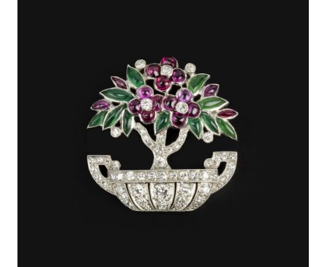 A DIAMOND AND GEM SET PANEL BROOCH BY CARTIER, modelled as a tree, with cabochon ruby and green agate flowerheads and foliage