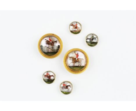 OF EQUESTRIAN INTEREST: A COLLECTION OF REVERSE CARVED INTAGLIO JEWELLERY, comprising a pair of buttons, each painted to depi