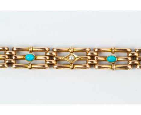 A LATE VICTORIAN/EDWARDIAN GEM SET BRACELET, of gate-link design, alternately spaced with half pearls and turquoise coloured 