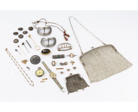 A COLLECTION OF JEWELLERY, comprising a white metal mesh-link bag, stamped '830', a white metal mesh-link purse, a white past