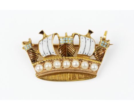 A HALF PEARL AND ENAMEL NAVAL CROWN BROOCH, signed C&amp;F for Cropp &amp; Farr and stamped '9ct', (pearls untested for origi