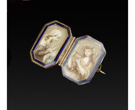 A COLLECTION OF ANTIQUE JEWELLERY, comprising a panel brooch, the octagonal ivory panels painted en grisaille to depict a mai