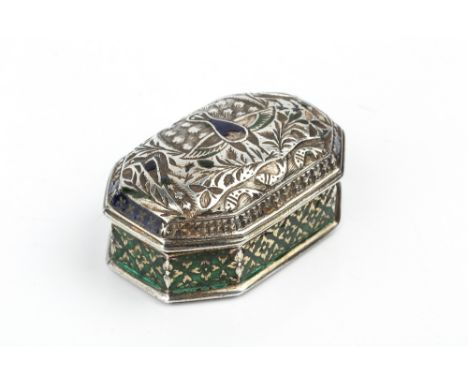 A 19TH CENTURY SILVER AND CHAMPLEVE ENAMEL SNUFF BOX, of elongated octagonal form, with domed, hinged cover, decorated in blu