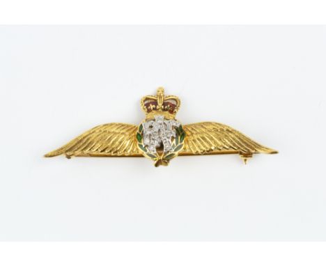 A DIAMOND AND ENAMEL RAF WINGS BROOCH, highlighted with red and green enamel, with single-cut diamond set monogram, 9ct gold 
