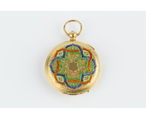 A QUARTER REPEATER HUNTER POCKET WATCH, the circular gilt dial with Roman numerals, three colour floral and foliate decoratio