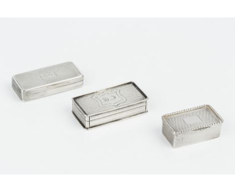 A GEORGE IV SILVER RECTANGULAR SNUFF BOX, with engine turned decoration, by Edward Smith, Birmingham 1825, 5.5cm, another sim