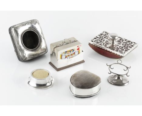 AN EDWARDIAN SILVER HEART SHAPED TRINKET BOX, with pin cushion cover, Birmingham 1905, 9cm, a late Victorian silver mounted d