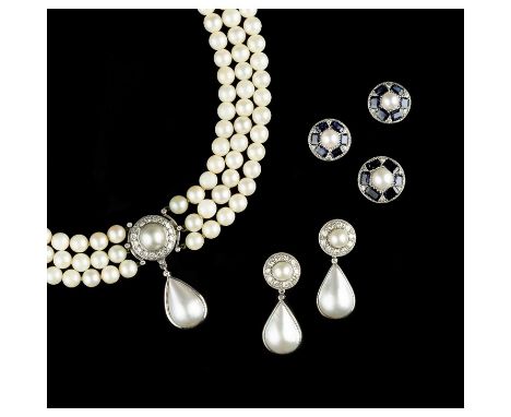 A SUITE OF DIAMOND, SAPPHIRE AND CULTURED PEARL JEWELLERY, comprising a triple strand uniform cultured pearl necklace, with a