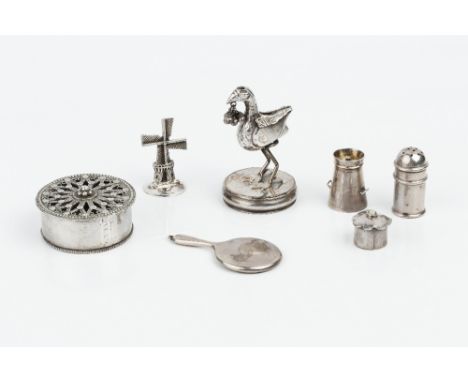 A LATE VICTORIAN SILVER MINIATURE PEPPER MODELLED AS A MILK CHURN, Chester 1892, 3cm high; a silver miniature dome topped pep