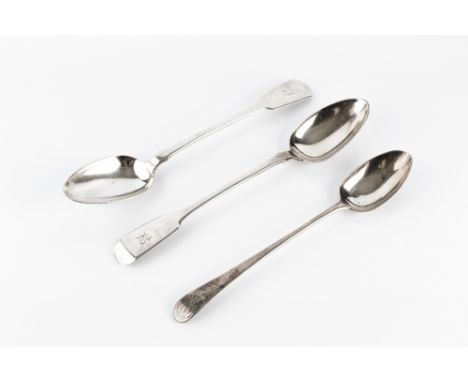 A PAIR OF WILLIAM IV SILVER FIDDLE PATTERN GRAVY SPOONS, by William Eaton, London 1830, and a George III silver Old English p