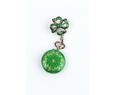 A GREEN ENAMEL OPEN FACE FOB WATCH, the circular white dial with Arabic numerals, gilt bead spacers and scroll pierced hands,