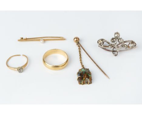 A COLLECTION OF JEWELLERY, comprising a diamond panel brooch/pendant, of openwork scrolled design, the graduated rose-cut dia