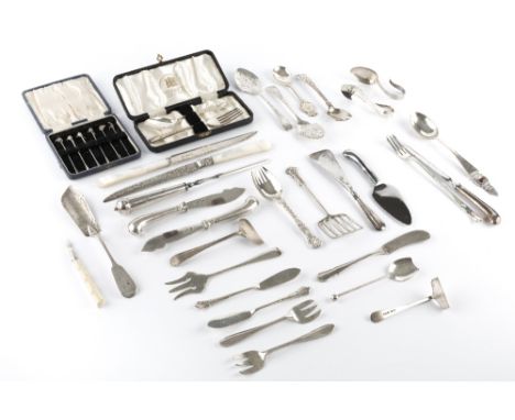 A COLLECTION OF SILVER, comprising two bread knives with mother of pearl handles, a cased set of six novelty cocktail sticks 