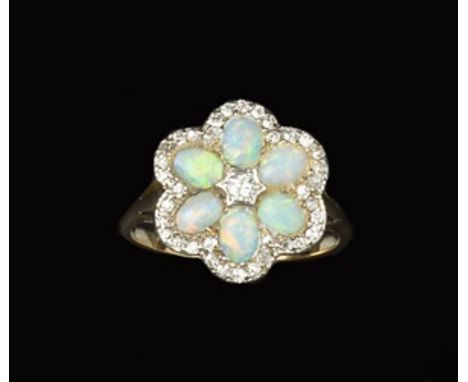 AN OPAL AND DIAMOND CLUSTER RING, designed as a flowerhead cluster of oval cabochon opals enclosing a central old-cut diamond