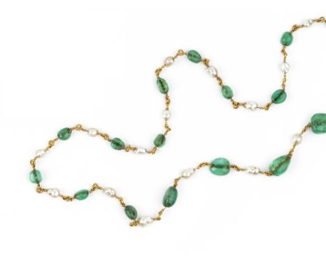 AN EMERALD AND BAROQUE PEARL NECKLACE, designed as a series of alternating graduated emerald beads and baroque pearls, with p