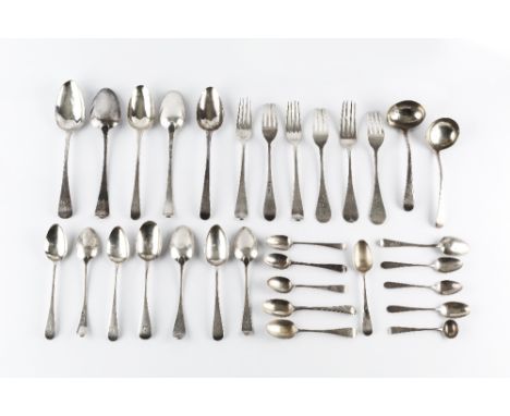 A MATCHED PART SERVICE OF 18TH AND 19TH CENTURY SILVER OLD ENGLISH PATTERN FLATWARE, comprising five tablespoons, six table f