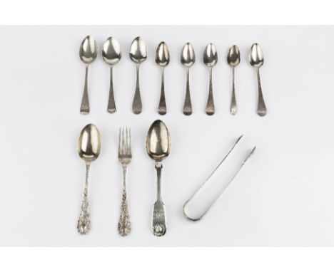 A LATE VICTORIAN SILVER CHRISTENING SPOON AND FORK, by Josiah Williams &amp; Co., London 1896, a pair of Georgian silver suga
