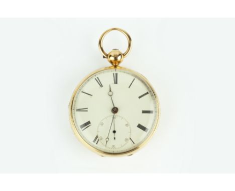 A 19TH CENTURY 18CT GOLD OPEN FACE POCKET WATCH, the circular white dial with Roman numerals and subsidiary seconds dial, to 