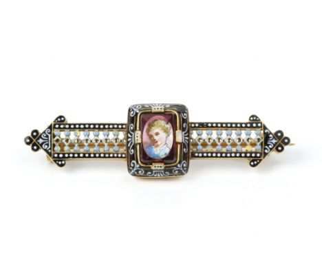 A 19TH CENTURY ENAMEL AND GEM SET BAR BROOCH, the cushion-shaped garnet painted with a portrait profile of a child, to a piec
