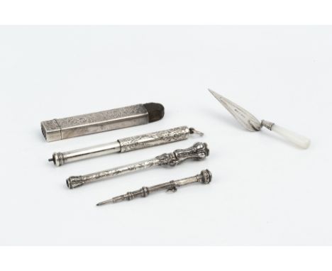 A LATE VICTORIAN SILVER PROPELLING PENCIL, Birmingham 1876, another propelling pencil with bloodstone inset seal, by Sampson 