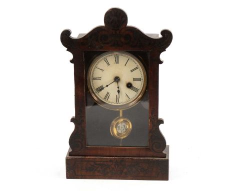 American shelf clock, stained wooden case with stencilled scrolled detailing, white enamel dial with Roman numerals, height 3