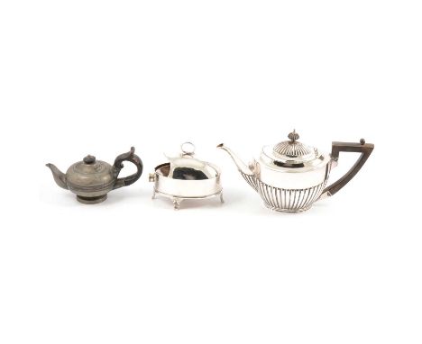 A silver-plated teapot, marked Gibson &amp; Co, Belfast; two silver-plated entree dishes with ceramic liners; a plated spoon 