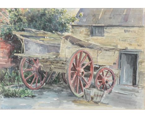 R Chapman,A church in a country landscape,signed, watercolour,32x47cm;by the same hand,A cart,37x53cm;and The Cherry Tree, Ma