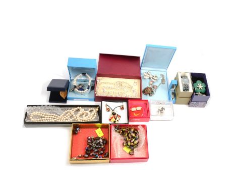 A collection of modern costume jewellery in branded boxes, Butler &amp; Wilson red enamel and crystal Smiley Face brooch, 50m