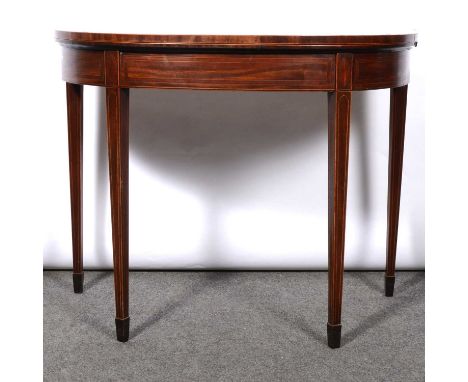 George III mahogany demi-lune card table, the folder over top with satinwood crossbanding boxwood and ebony stringing, baize 