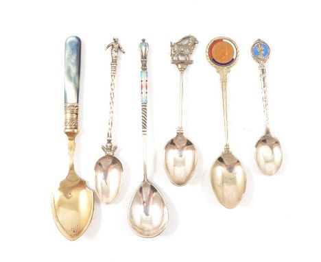 Russian silver and enamelled spoon, chipped, a silver spoon with Edward VIII finial, and three other silver-plated teaspoons.