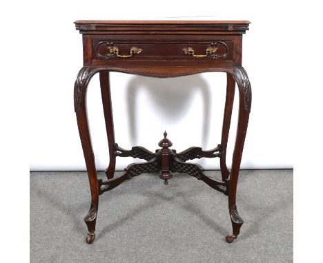 Edwardian mahogany envelope card table, square top, frieze drawer, carved cabriole legs joined by a fancy stretcher, 56x56cm,