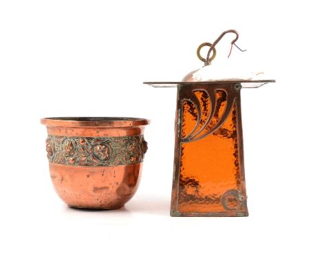 Arts and Crafts copper lantern, with glass panels, hammered hood, height 23cm; and a copper bowl shaped planter, height 16cm.