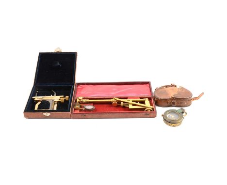World War I marching compass, S.Mordan &amp; Co, dated 1918, with leather pouch; Carl Zeiss Jena '1670' brass gauge, cased; a
