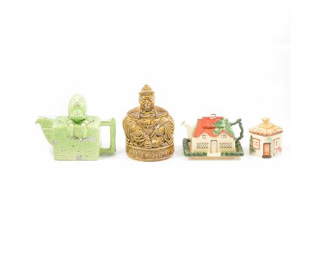Novelty Humpty Dumpy teapot by Lingard, a Sadler Chinaman Tea caddy, olive green glaze, a Keele St Pottery three-piece cottag