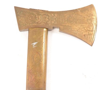 Slovakian brass axe head walking stick, the wooden shaft with inlaid wirework design, 90cm