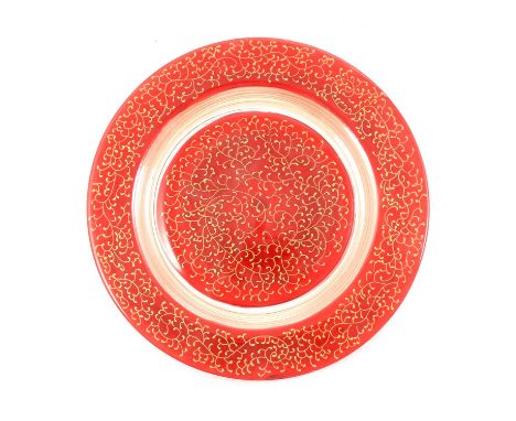 Thirteen Murano glass dinner plates, late 20th / early 21st century, with ruby border and well with gilt scrolled design, 33c