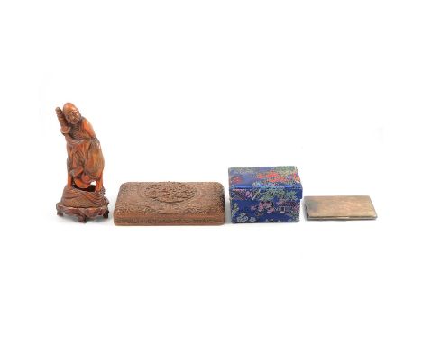 Indian teak wood box; pair of Eastern white metal salad servers; pair of carved horn figurines; and a Chinese silk embroidere