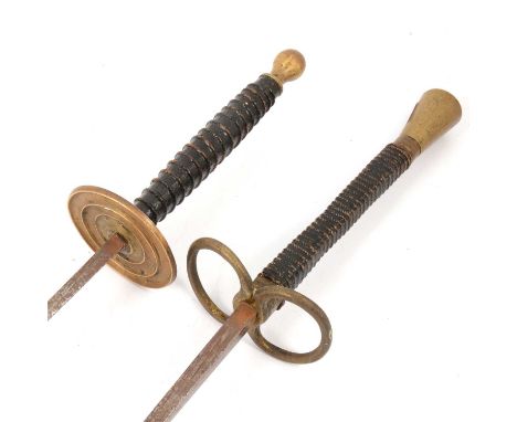 Two rapier style swords, one with open figure of eight hilt, cord-twist grip, tapering pommel stamped '30', the blade stamped
