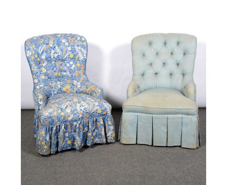 Nursing chair, shaped back, beech frame, cotton print covers, width 60cm, height 86cm, and another similar nursing chair.
