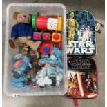 2 Star Wars backpacks & a box of toys