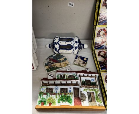 A ceramic house wall plaque, key holder, tile &amp; flower display item