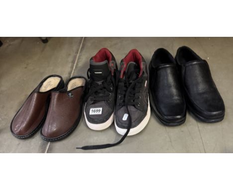 A pair of Lambretta trainers/shoes, size 10, pair of men's shoes, size 10, appear new, pair of men's Fly Flot slippers, size 