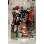 A box of playworn diecast including Matchbox, Corgi, Kojak, The Saint, Adams probe, Mini etc