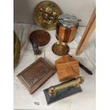 A Victorian brass & iron door stop biscuit barrel, carved wooden cigar box etc