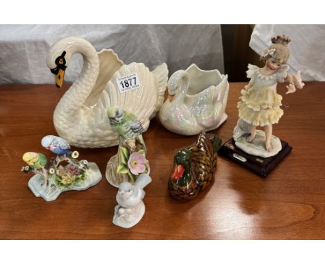 A quantity of birds including Adderley budgies, A figure of a girl with a bird etc