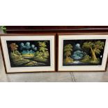 A pair of framed and glazed paintings on felt. COLLECT ONLY.