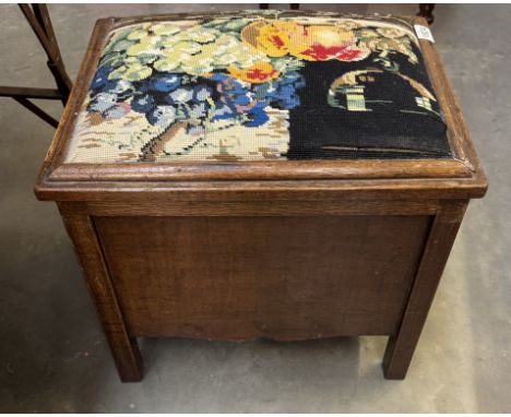 An Edwardian oak stool / storage box with tapestry top COLLECT ONLY 